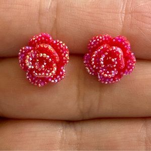 Delicate Berry Pink Red Textured Rose Stud Earrings